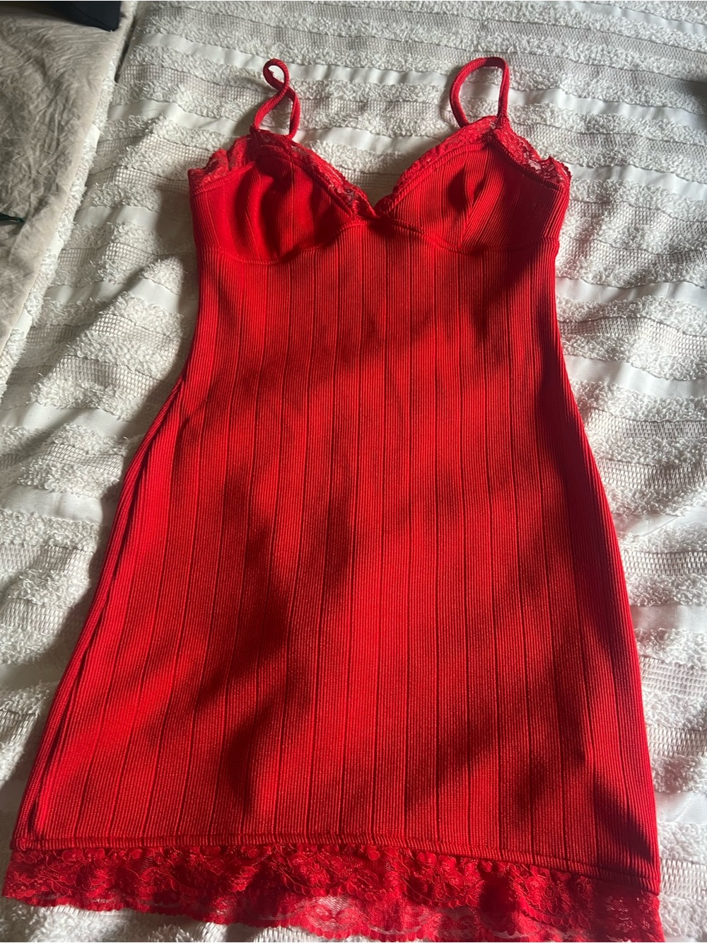 Urban Outfitters Red Ribbed Lace-Trim Mini Slip Dress